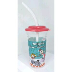 Rudolph And Land Of Misfit Toys Christmas Reusable Cup Red Lid Straw New 6"